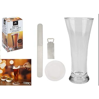 Image of Elegant Clear Beer Gift Set Glass &amp; Accessories 8 cm x 18cm (Set of 4) Premium Quality Perfect for Enthusiasts