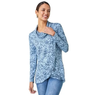 Image of Roman Originals Women Flocked Floral Cowl Neck Tunic Ladies Spring Everyday Summer Evening Vacation Work Holiday Long Sleeve Smart Casual Blue Size 20