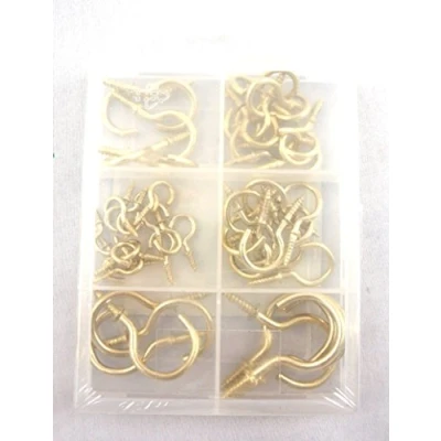 Image of Astral Agencies Assorted Brass Coated Cup Hooks in Ceiling Reused Hanging Assortment Rust and Corrosion Resistant Long Thread Screw Hook Pack of 66 pc