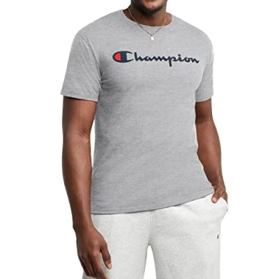 Image of Champion Men&#039;s, Classic Graphic, Soft and Comfortable T Shirts Logo (Reg. Or Big &amp; Tall), Oxford Grey Script, XXL