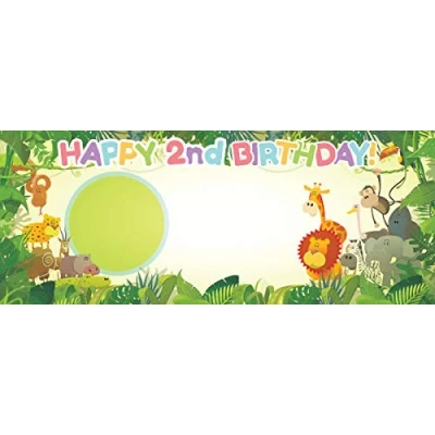 Image of PARTYRAMA.CO.UK Happy 2nd Birthday Jungle Design Small Personalised Banner 4ft x 2ft