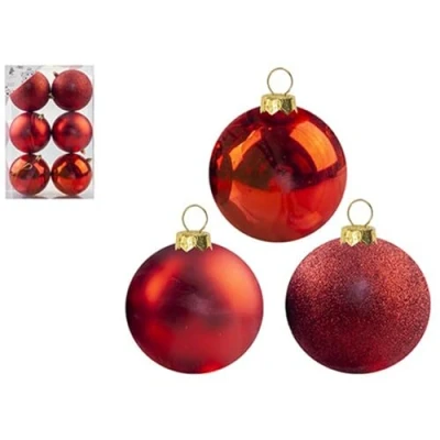 Image of Christmas Red Bauble Decorations 10 cm (Pack of 6) Assorted Glitter, Shiny, And Matt, Perfect For Festive Tree &amp; Garland Embellishments