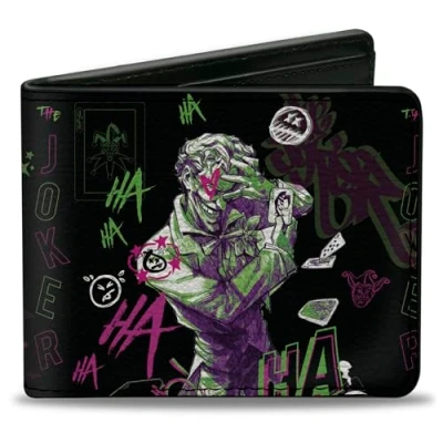 Image of DC Comics Wallet, Bifold, Joker The Clown Prince of Crime Collage Black Multi Neon, Vegan Leather, Multi, 4.0&quot; x 3.5&quot;, Casual