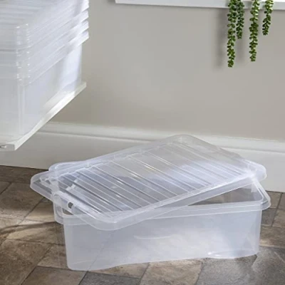 Image of 3 x Clear Plastic Storage Box Boxes With Lids Home Office Stackable Nestable, 32L Underbed, Set of 5