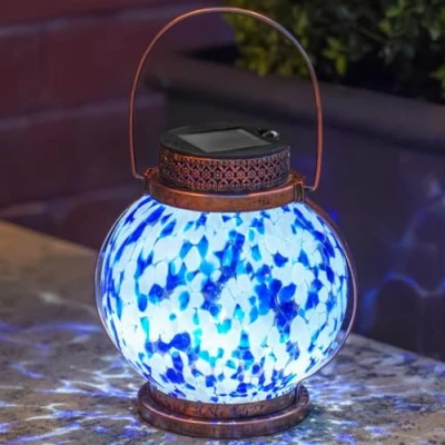 Image of Festive Lights 17.5cm Blue &amp; White Glass Solar Power Lantern Bright LED Bulb, Rechargeable Panel IP44 Outdoor Garden Light for Table, Pathway Pergola Brass Handle, Metal Frame, Mosaic Effect