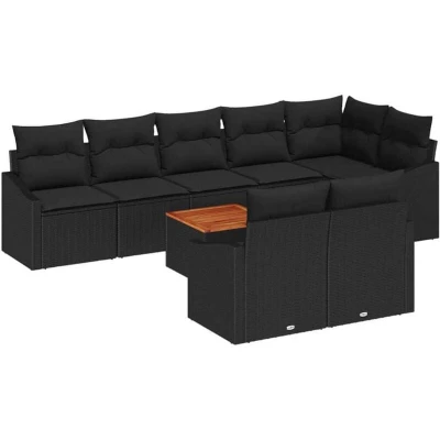 Image of vidaXL 9 Piece Garden Sofa Set with Cushions Black Poly Rattan Acacia