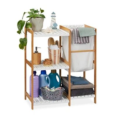 Image of Relaxdays Bathroom Shelf Unit With Laundry Bin, Standing &amp; Open, MDF Shelving Unit, HWD 76x65.5x33 cm, Natural