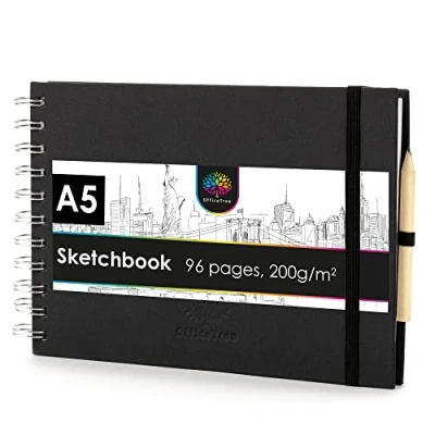 Image of OfficeTree Sketch Book A5 Spiral Bound Landscape Sketchbook 96 Pages 48 Sheets 200gsm White Blank Paper Watercolour Art Includes Pencil