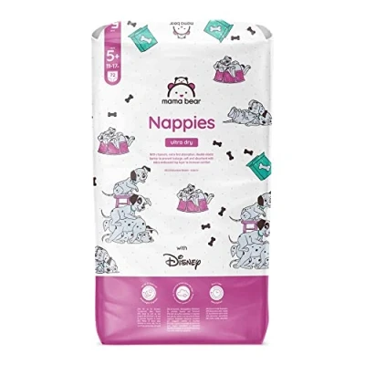 Image of Amazon Brand Mama Bear Disney Ultra Dry Nappies, Size 5+ (11 17 kg), 72 Count, White