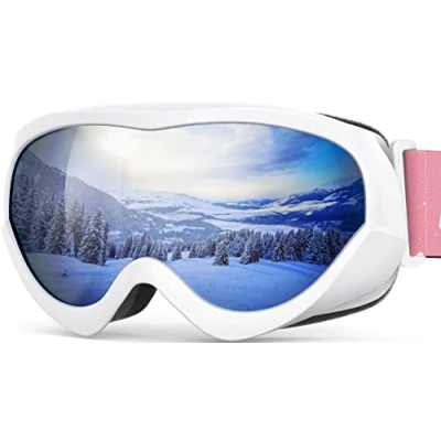 Image of OutdoorMaster Kids Ski Goggles Helmet Compatible Snow for Boys &amp; Girls with 100% UV Protection VLT 10% White Frame Grey Lens