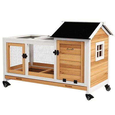 Image of PawHut Wooden Rabbit Hutch with Wheels, Guinea Pig Cage, Small Animal House for Outdoor &amp; Indoor Slide out Tray, 108 x 58 73.5cm, Yellow