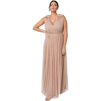 Image of Maya Deluxe Women&#039;s Ladies Maxi Dress with Ruffle V Neck Sleeveless High Empire Waist Long for Prom Guest Wedding Bridesmaid, Taupe Blush, 8