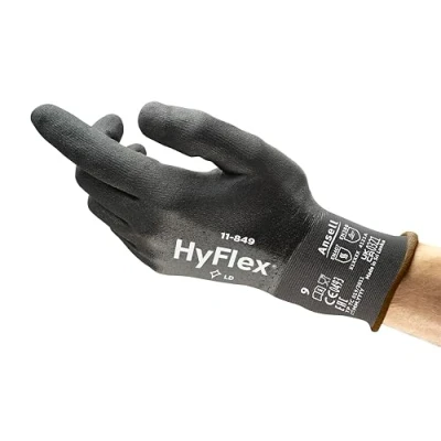Image of Ansell HyFlex 11 849 Multi purpose Work Gloves for Light Duties in Nitrile Foam, Grip and Comfort Technologies, Industrial, Automotive, Home improvement Operations, Black, Size L (1 Pair)