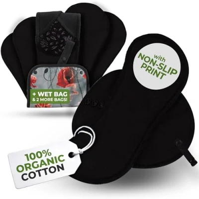 Image of Incontinence Reusable Sanitary Pads, 6 Pack; Maxi; Organic Cotton; Night Silence; Black Wings