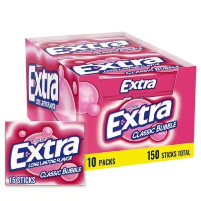 Image of Wrigleys Extra Classic Bubble Sugarfree Chewing Gum 15 Stick Pack Box Of 10 Packs