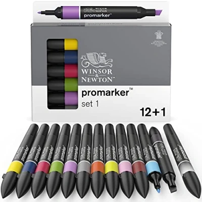 Image of Winsor &amp; Newton, Promarker, Essential Colours I, Set of 12+1 Blender, Alcohol Based Dual Tip Markers