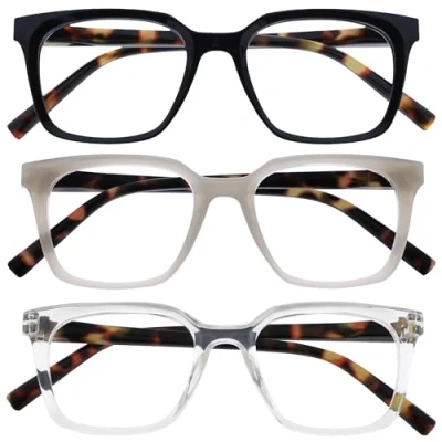 Image of OPULIZE KOI Reading Glasses 3 Pack Large Rectangular Frame Black Grey Clear Mens Womens Spring Hinges RRR50 17C +1.50