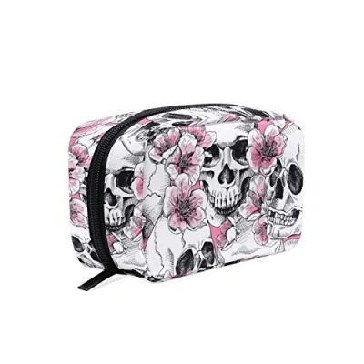Image of Makeup Pouch Sugar Skull Rose Peony Print Cosmetic Toiletry Bag Storage Large Travel Handle Personalised with Compartments for Teenage Girl Women Lady Pink White