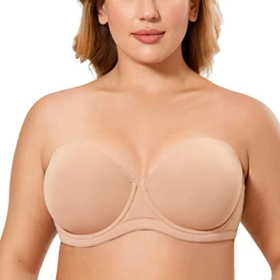 Image of Delimira Women&#039;s Strapless Bra Push Up for Bigger Bust Multiway Underwire Smooth Bandeau Natural 38C