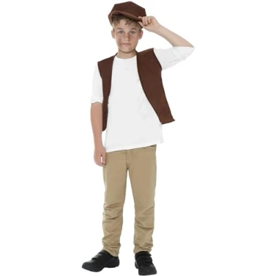 Image of Smiffys Victorian Urchin Kit, Brown with Waistcoat &amp; Cap, Boys Fancy Dress, Child Dress Up Accessories