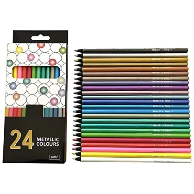 Image of Metallic Colored Pencils Black Drawing Pre Sharpened 24 Assorted Colors Wooden Sketching Set