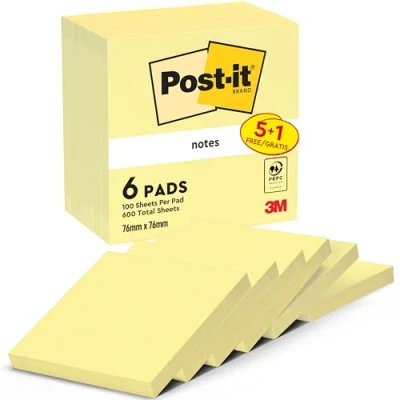 Image of Post it Notes Canary Yellow,Value Pack, Pack of 5 + 1 Free Pads, 100 Sheets per Pad, 76 mm x mm, Yellow Color Self stick For Note Taking, To Do Lists &amp; Reminders