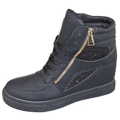 Image of Womens Wedge Trainers Ladies Ankle Boots Sneakers Girl High Top Shoes All Black Size UK 5 EU 38 US 7
