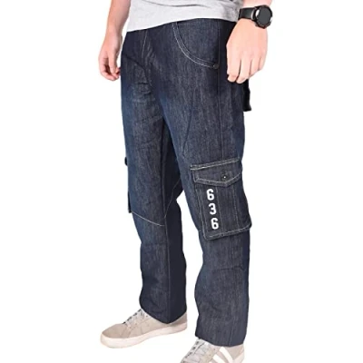 Image of True Face Men&#039;s Cargo Combat Jeans Regular Fit Denim Work Trousers, Multi Pocket Design, Zip Fly Pants, Casual for Men UK Black Wash 38W / 34L
