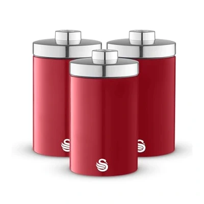 Image of Swan SWKA18530RN Townhouse Set of 3 Kitchen Storage Canisters for Tea, Coffee, and Sugar with Pull Chrome Handles, Airtight Lids, Colour Coated Iron Accents, 1.6L, Red