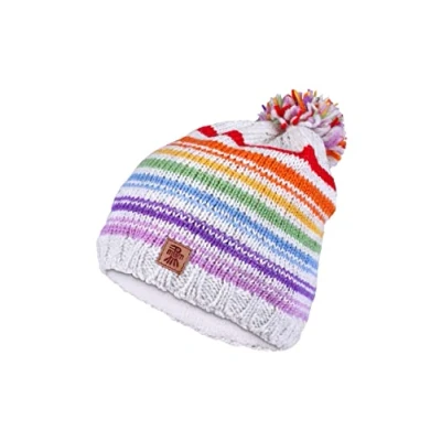 Image of Pachamama Women Wool Beanie Bobble Hat Fleece Lined Handknitted Rainbow Stripe One Size Handmade Extra Warm Fair Trade