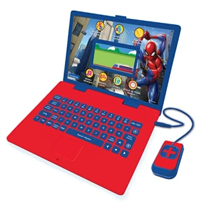 Image of Lexibook JC798SPi1 Spider Man Educational and Bilingual Laptop French/English Coloured Screen Toy for Boys &amp; Girls, 130 Activities, Learn Play Games Music Blue Red