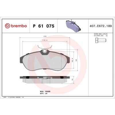 Image of 1611334680, 1617270280, 425237, 425372, E172282 brake pad set BREMBO P 61 075 excl. wear warning contact with caliper screws accessories