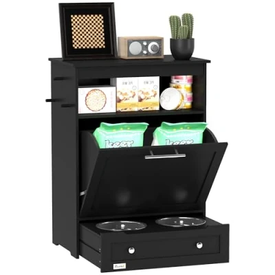 Image of PawHut Pet Feeder Station, Dog Food Storage Container w/Raised Bowls, Hanger, for and Water Black