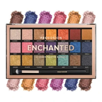 Image of Profusion Cosmetics Enchanted 21 Shade Eyeshadow Palette and Brush, Get Mesmerizing Eye Magic Day to Night Glam with the Palette, Sparkle Shine Vibrant Colors