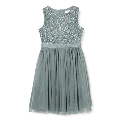 Image of Maya Deluxe Girl&#039;s Midi Dress Sequins Embellished Party Tutu Bridesmaids Wedding with Belt Bow, Misty Green, 11 Years