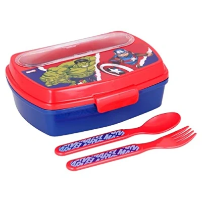 Image of OM SUPPLIES Avengers Cartoon Characters Children Lunch Sandwich Box Container with Plastic Spoon and Fork, Great for School or Picnic (Avengers)