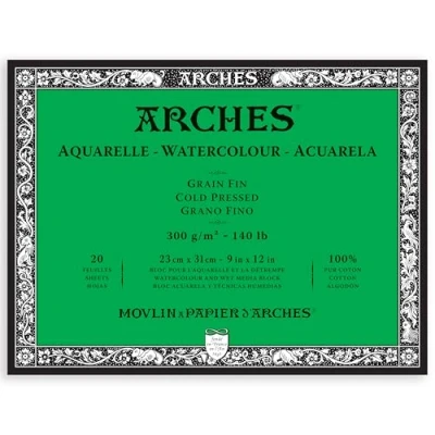 Image of ARCHES A1795060 Aquarelle 100% Fine 300g Gluing Pad 4L 23x31 20 Sheets, White Natural