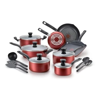 Image of T Fal 2100100487 Initiatives, Dishwasher Safe Nonstick Cookware Set, 18 Piece, Red Inside and Out, Aluminum