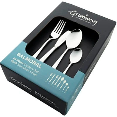 Image of Grunwerg Balmoral 44 Piece Boxed Mirror Cutlery Set, 18/10 Stainless Steel, 6 x Table Knives, Forks, Dessert Spoons, Soup Teaspoons, Tablespoons