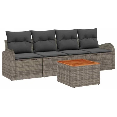 Image of vidaXL 5 Piece Garden Sofa Set with Cushions Grey Poly Rattan Acacia