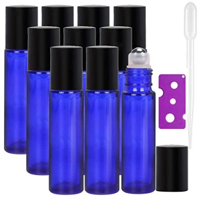 Image of Alledomain 10 Pcs, Ml Essential Oils Roller Bottles, Refillable Cobalt Blue Glass Roll on Bottles with Black Caps &amp; Stainless Steel Balls, Includes 1 Opener Dropper