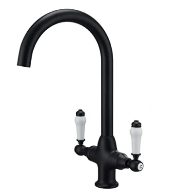 Image of Kitchen Mixer Tap Dual Lever 360 Swivel Spout Matte Black 10 Year Warranty