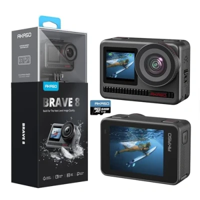 Image of AKASO Brave 8 Action Camera with 64GB microSD Memory Card 4K60fps Ultra HD Video 48MP Photos Waterproof Super Wide Angle 16x Slow Motion SuperSmooth Stabilization Underwater