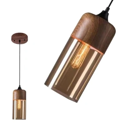 Image of NHPJFDC Modern Pendant Light,Retro Industry Glass Light,Metal Wood Grain Finish Lighting,Kitchen Island Lighting, Amber Shade Ceiling Light Fixture,Brown,12.7cm/5in