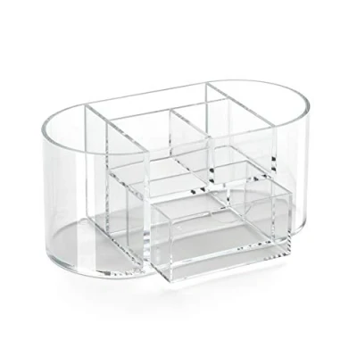 Image of OSCO Clear Acrylic Desk Organiser with Drawer Tidy Pen Holder Makeup Pencil Storage 6 Compartments Cosmetic Stationery Caddy H10.5 x W23 D12 cm