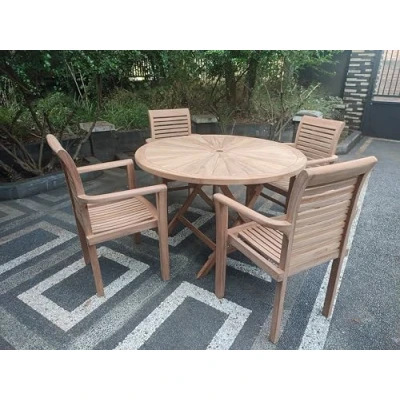 Image of Emporium Furniture Outdoor Garden Wooden Dining Table and Chairs Quality Teak Wood 4 Seater Sets Balcony Bistro Patio (SunBurst + Stacking Set)