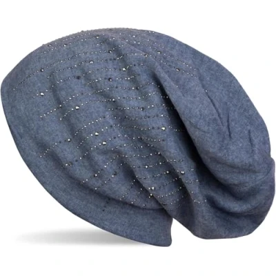 Image of styleBREAKER Beanie hat with Rhinestone Rivets in Classic Stripe Design, Slouchy Long Beanie, Unisex 04024086, Colour:Mottled Denim Blue