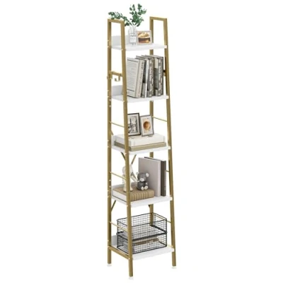 Image of YITAHOME Bookcase 5 Tiers, Industrial Ladder Shelf Floorstanding Book Wooden Shelves and Metal Frame Rack Modern Shelving Unit for Living Room, Hallway, Office, Golden Bookshelf