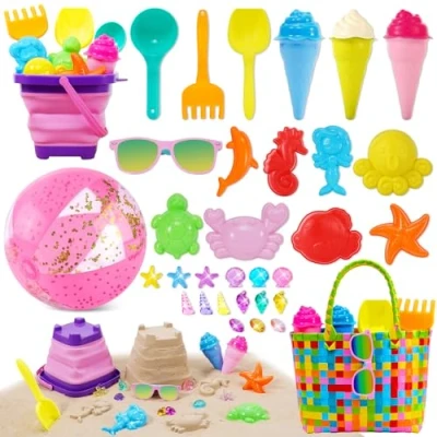 Image of Beach Sand Toys For Kids 37Pcs, Bucket And Spade Set Kids, Sandpit With Bucket, Sunglasses, Ball, Ice Cream Girls, Basket, Summer Indoor Outdoor Toddlers Children