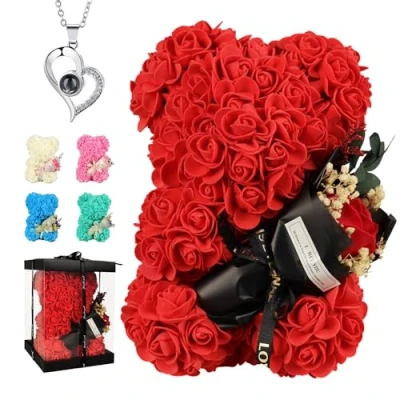 Image of Christmas Rose Bear Gifts for Women,Gifts Girlfriend, Teddy Flower with Bouquet, Romantic Wife/Mom//Daughter, Anniversary Birthday Her